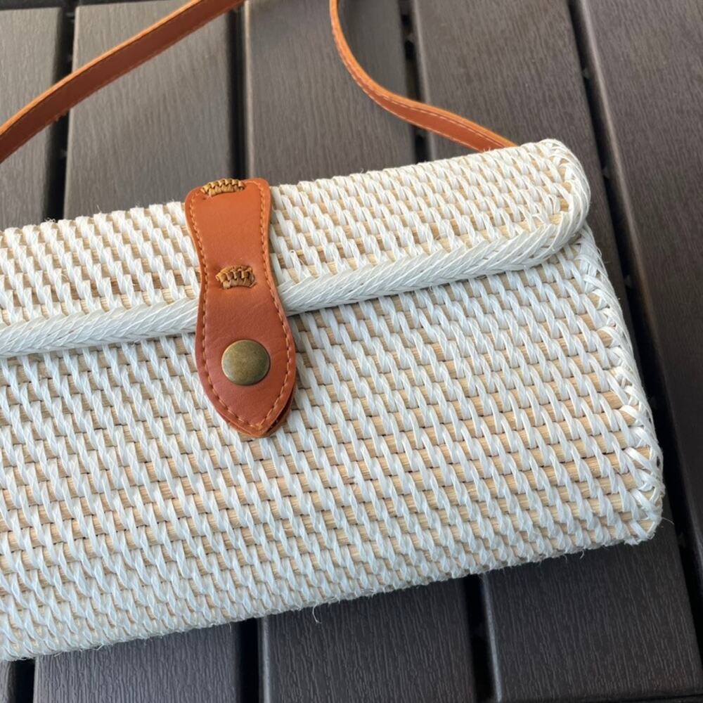 White Woven Crossbody Bag with Tan Strap